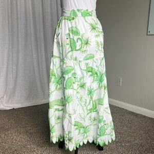 Green White Jungle Print Maxi Skirt Tiered Cotton Elastic Waist Tropical Small